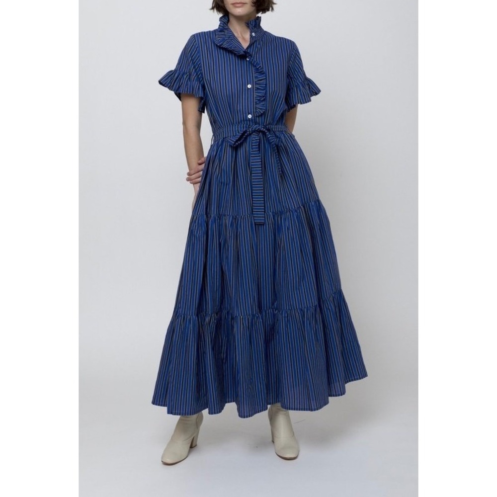 Mille Maxi Dress Victoria Belted Short Sleeve Ruffled Cobalt Stripe Blue Medium